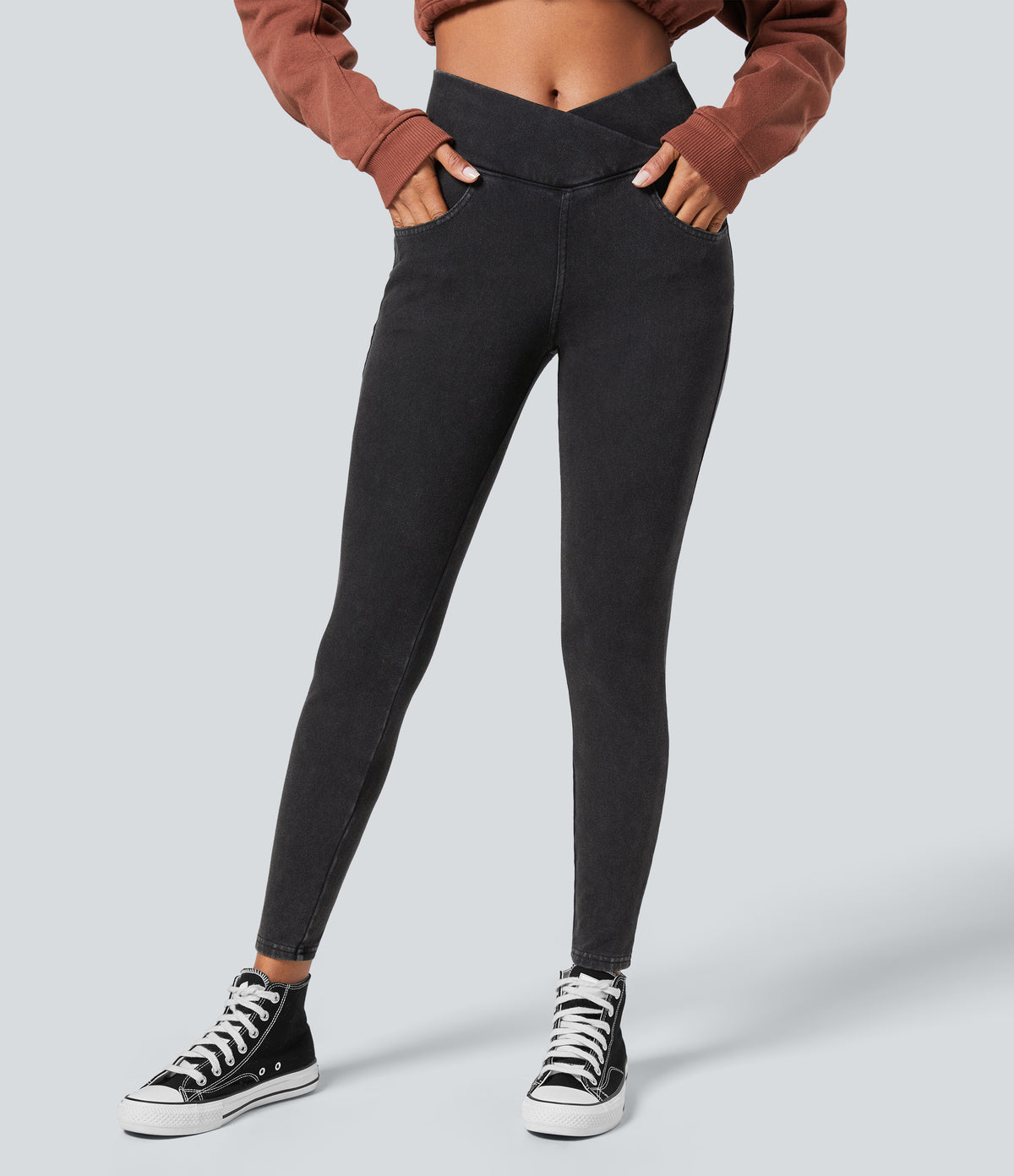 Denim Heat High Waisted Crossover Pockets Casual 7/8 Leggings — Gloomy Black Denim — view 3