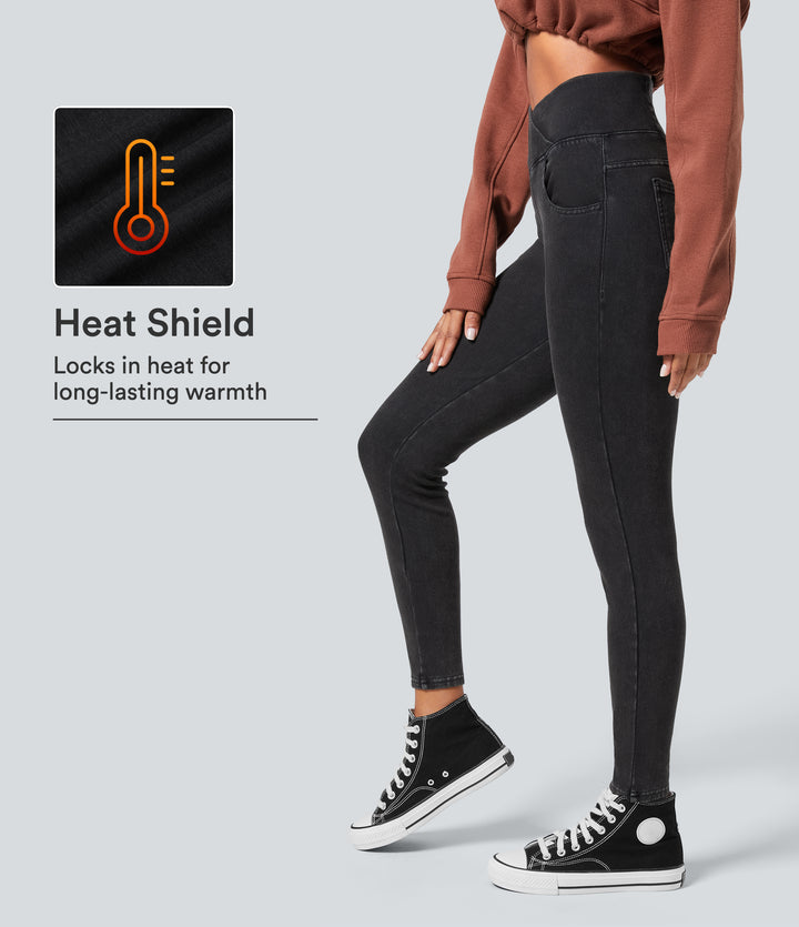 Denim Heat High Waisted Crossover Pockets Casual 7/8 Leggings — Gloomy Black Denim — view 1