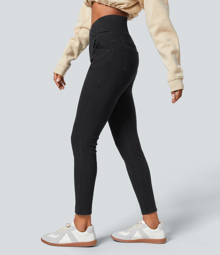Denim Heat High Waisted Crossover Pockets Casual 7/8 Leggings — Midnight Black Denim — view 8