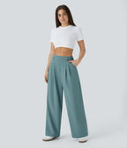 High Waisted Side Pocket Wide Leg Flowy Solid Palazzo Quick Dry Casual Trousers — Stone Blue — view 6