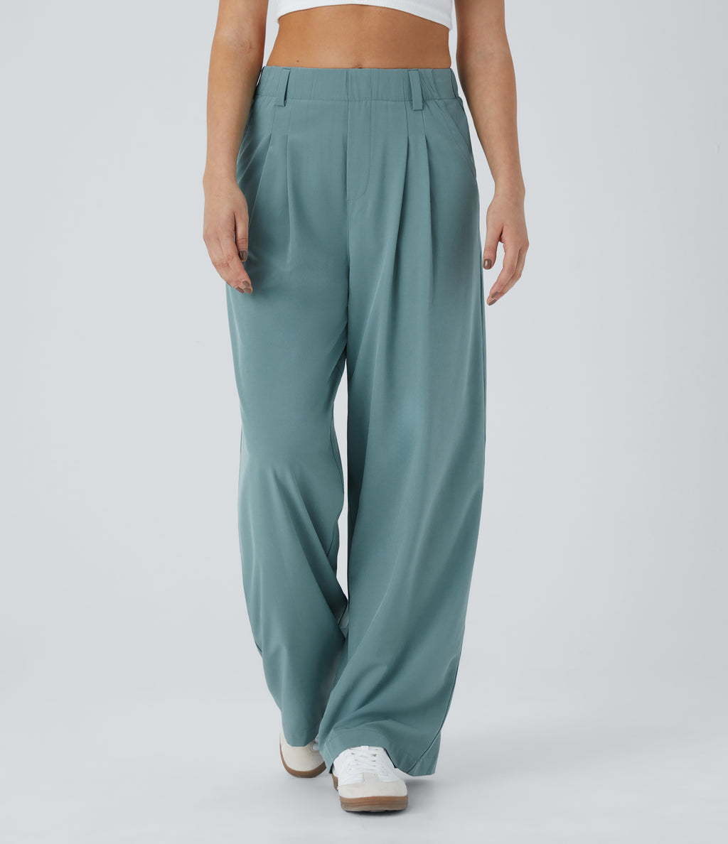 High Waisted Side Pocket Wide Leg Flowy Solid Palazzo Quick Dry Casual Trousers — Stone Blue — view 3