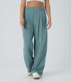 High Waisted Side Pocket Wide Leg Flowy Solid Palazzo Quick Dry Casual Trousers — Stone Blue — view 3