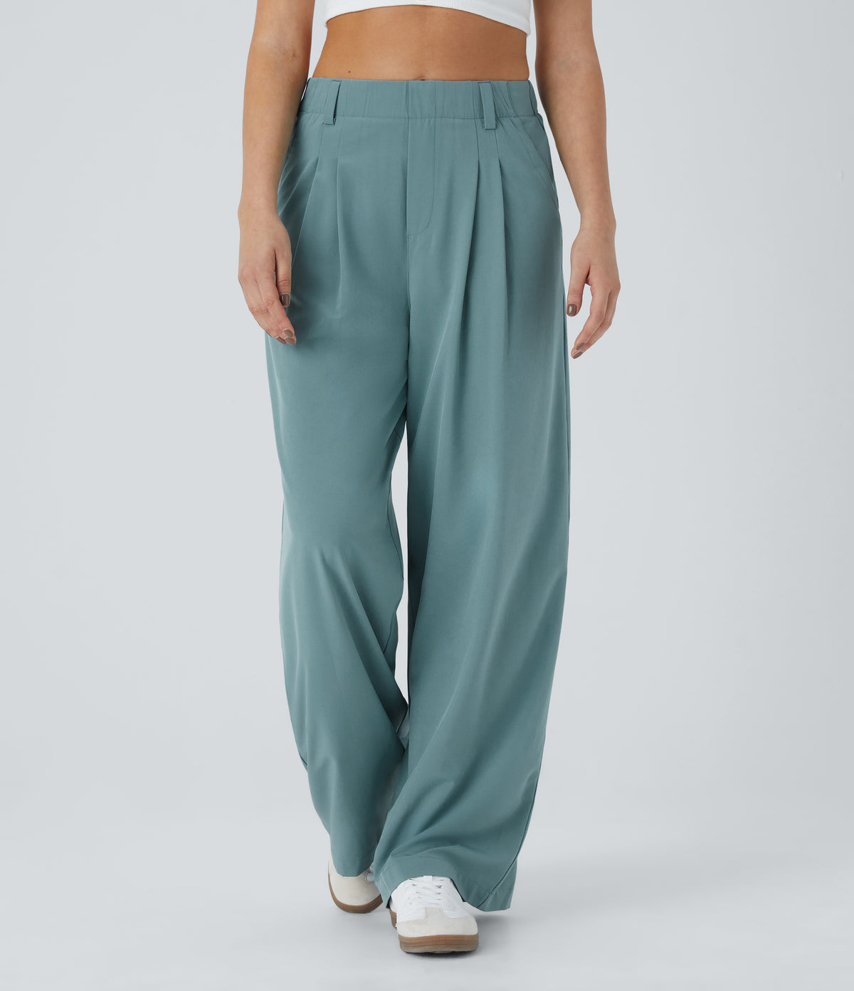 High Waisted Side Pocket Wide Leg Flowy Solid Palazzo Quick Dry Casual Trousers — Stone Blue — view 3