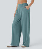 High Waisted Side Pocket Wide Leg Flowy Solid Palazzo Quick Dry Casual Trousers — Stone Blue — view 1