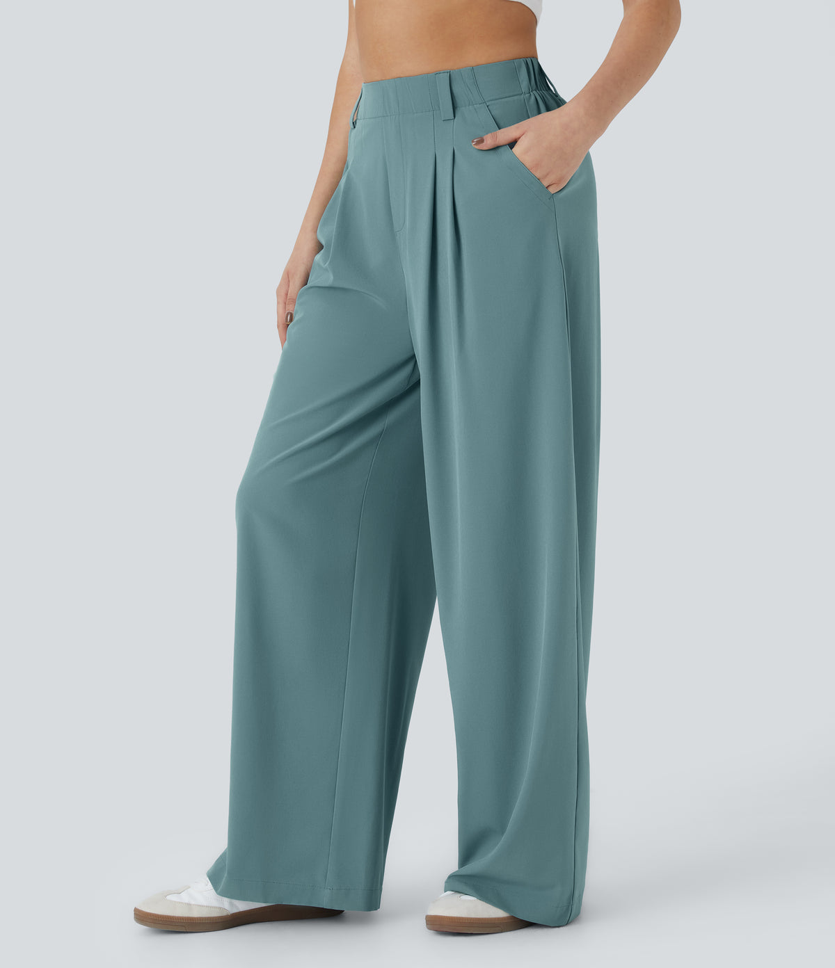 High Waisted Side Pocket Wide Leg Flowy Solid Palazzo Quick Dry Casual Trousers — Stone Blue — view 1