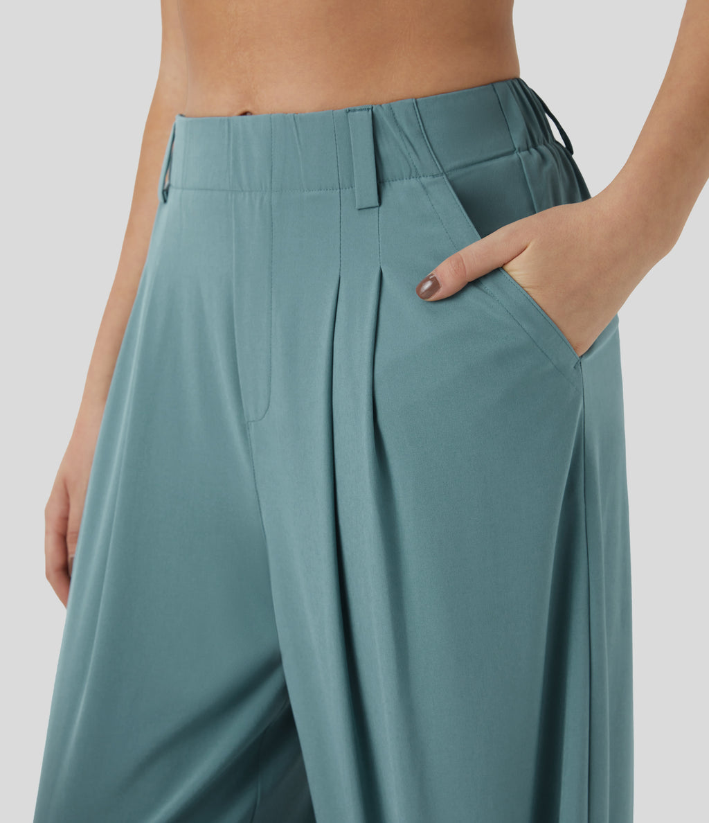 High Waisted Side Pocket Wide Leg Flowy Solid Palazzo Quick Dry Casual Trousers — Stone Blue — view 4