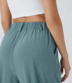 High Waisted Side Pocket Wide Leg Flowy Solid Palazzo Quick Dry Casual Trousers — Stone Blue — view 5