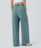 High Waisted Side Pocket Wide Leg Flowy Solid Palazzo Quick Dry Casual Trousers — Stone Blue — view 2