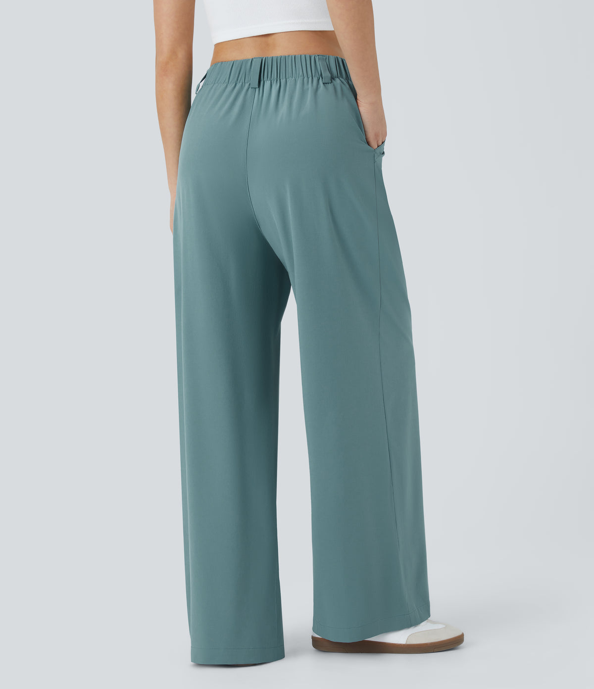 High Waisted Side Pocket Wide Leg Flowy Solid Palazzo Quick Dry Casual Trousers — Stone Blue — view 2
