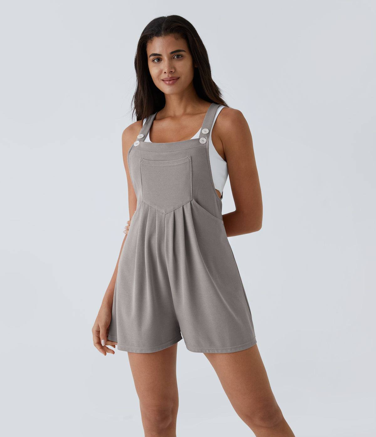 Adjustable Strap Button Multiple Pockets Waffle Casual Dungarees — Mink Ash — view 12