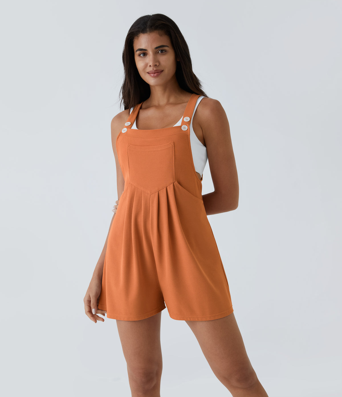 Adjustable Strap Button Multiple Pockets Waffle Casual Dungarees — Apricot Orange — view 13