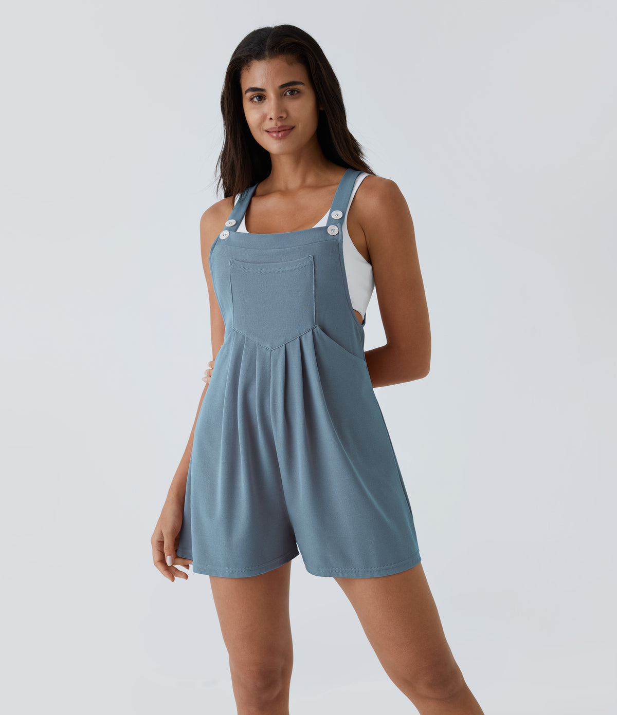 Adjustable Strap Button Multiple Pockets Waffle Casual Dungarees — Mountain Spring — view 16