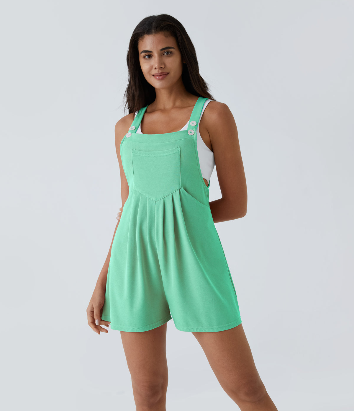 Adjustable Strap Button Multiple Pockets Waffle Casual Dungarees — Light Sea Green — view 18