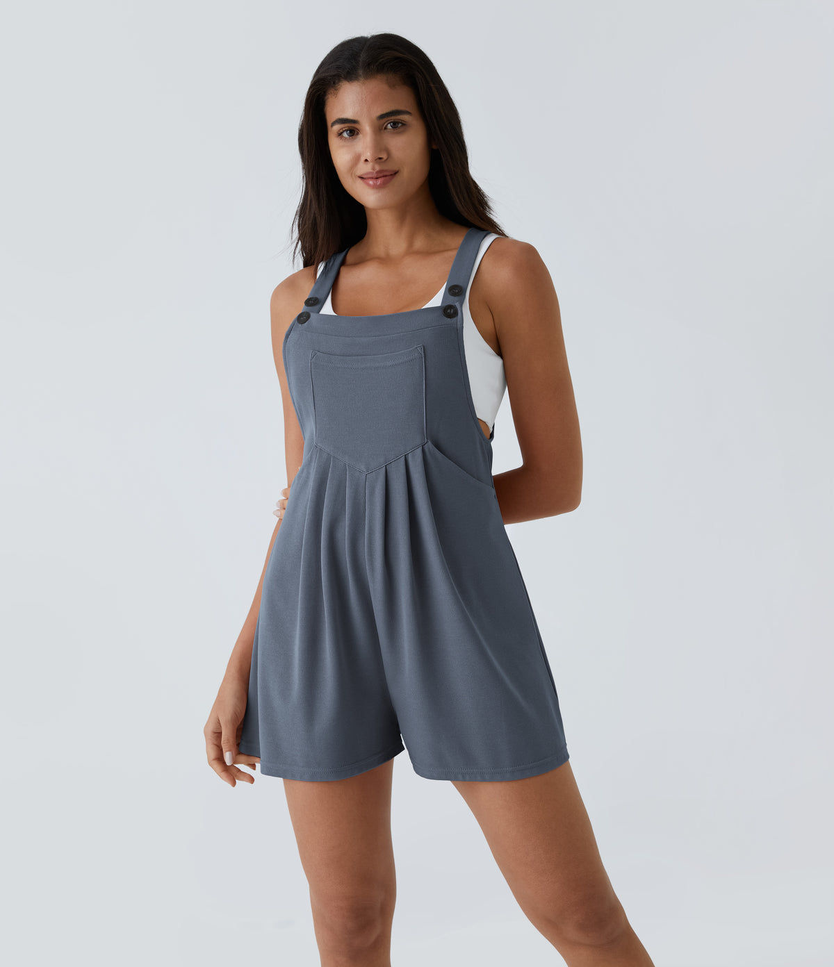 Adjustable Strap Button Multiple Pockets Waffle Casual Dungarees — Grisaille — view 15