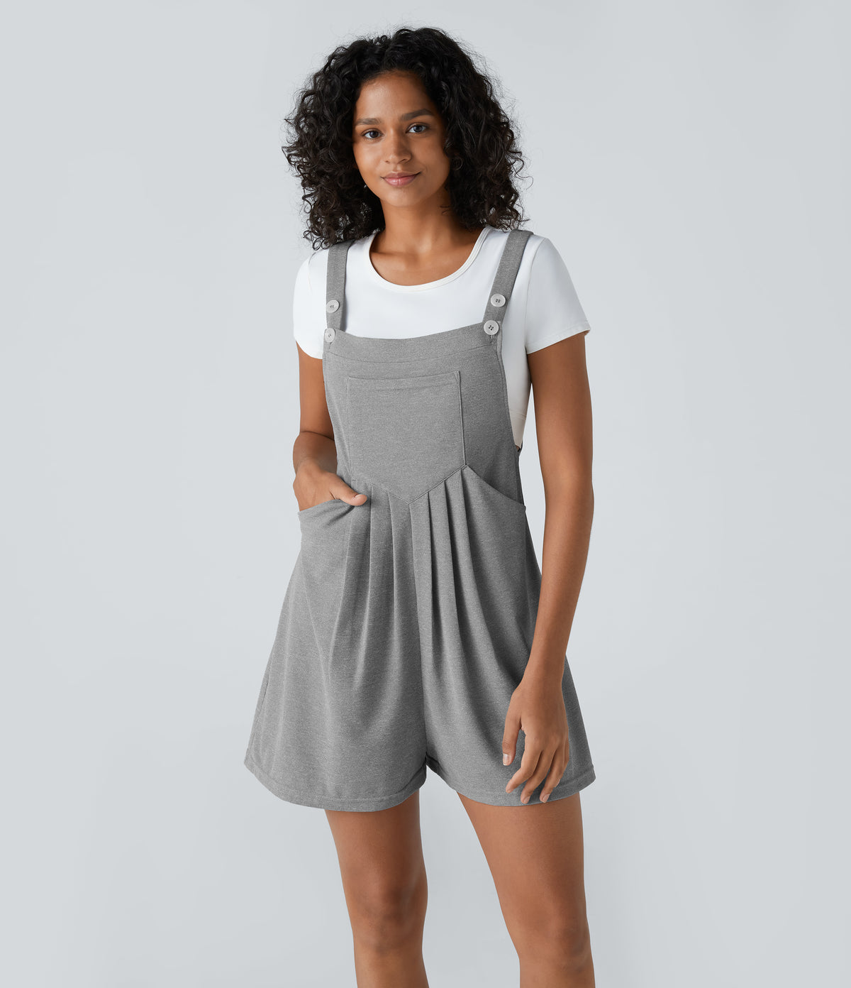 Adjustable Strap Button Multiple Pockets Waffle Casual Dungarees — Waffle Gray — view 19