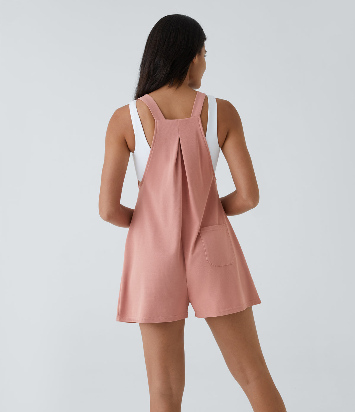Adjustable Strap Button Multiple Pockets Waffle Casual Dungarees — Rose Tan — view 2
