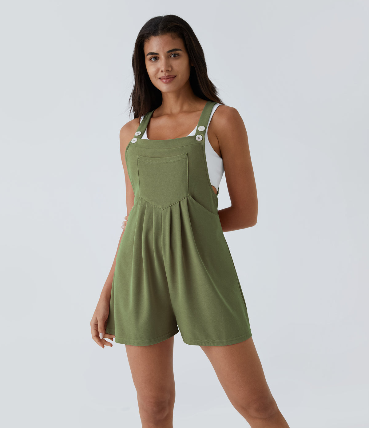 Adjustable Strap Button Multiple Pockets Waffle Casual Dungarees — Loden Green — view 10