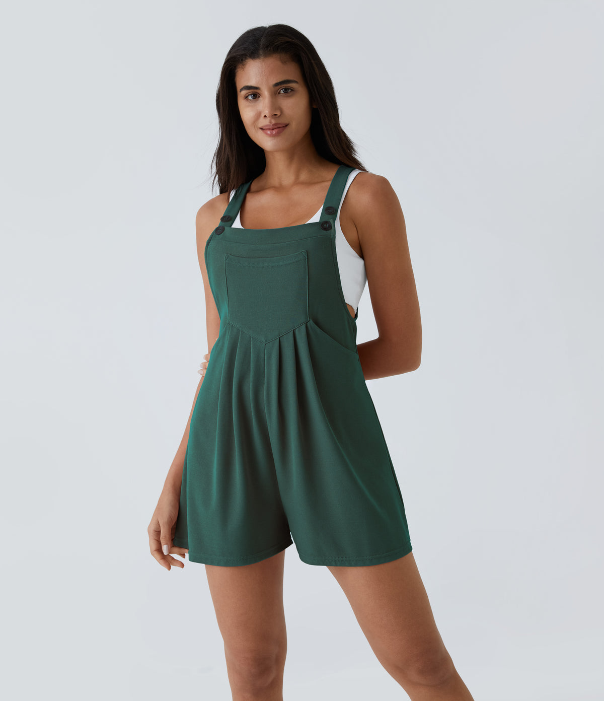 Adjustable Strap Button Multiple Pockets Waffle Casual Dungarees — Forest Biome — view 17