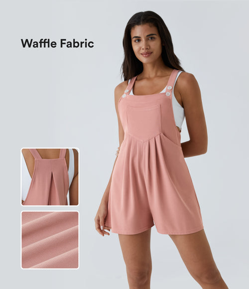 Adjustable Strap Button Multiple Pockets Waffle Casual Dungarees — Rose Tan — view 1