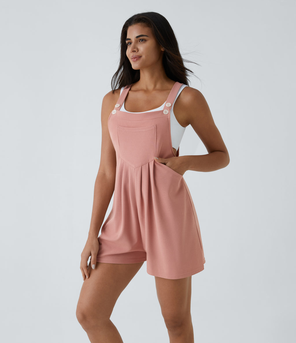 Adjustable Strap Button Multiple Pockets Waffle Casual Dungarees — Rose Tan — view 3
