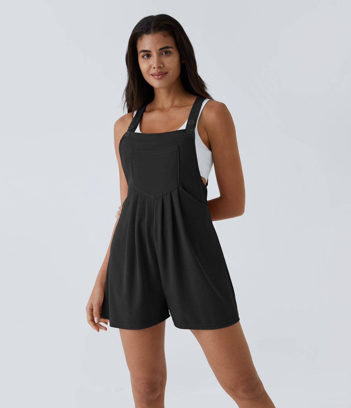 Adjustable Strap Button Multiple Pockets Waffle Casual Dungarees — Black — view 9