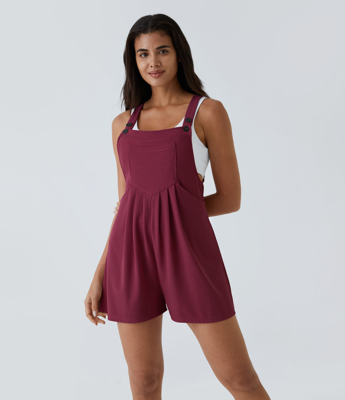 Adjustable Strap Button Multiple Pockets Waffle Casual Dungarees — Anemone — view 14