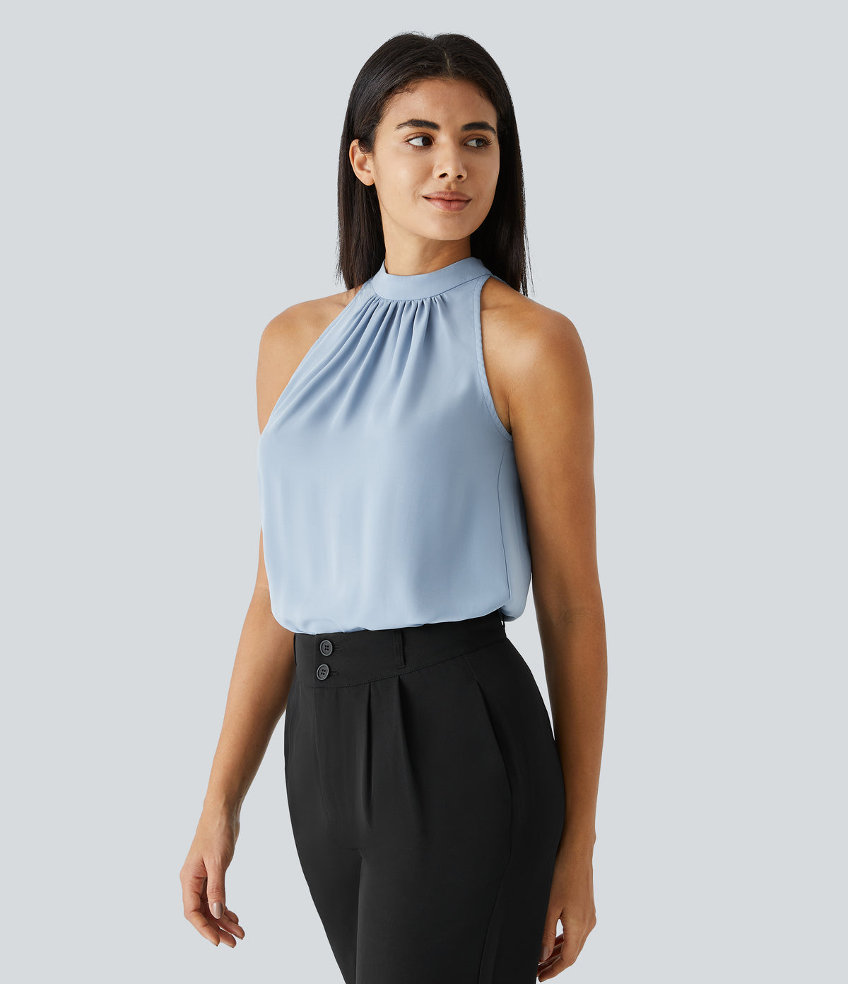 Keyhole Back Halter Sleeveless Curved Hem Work Blouse — Skyride — view 3