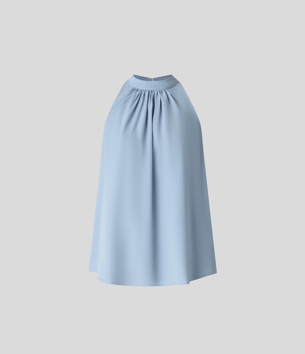 Keyhole Back Halter Sleeveless Curved Hem Work Blouse — Skyride — view 7