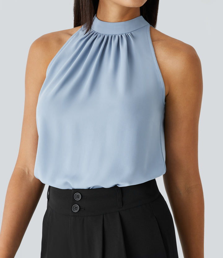 Keyhole Back Halter Sleeveless Curved Hem Work Blouse — Skyride — view 1