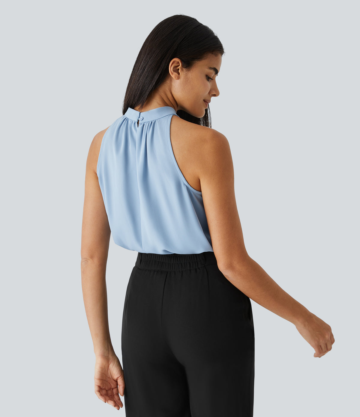 Keyhole Back Halter Sleeveless Curved Hem Work Blouse — Skyride — view 2