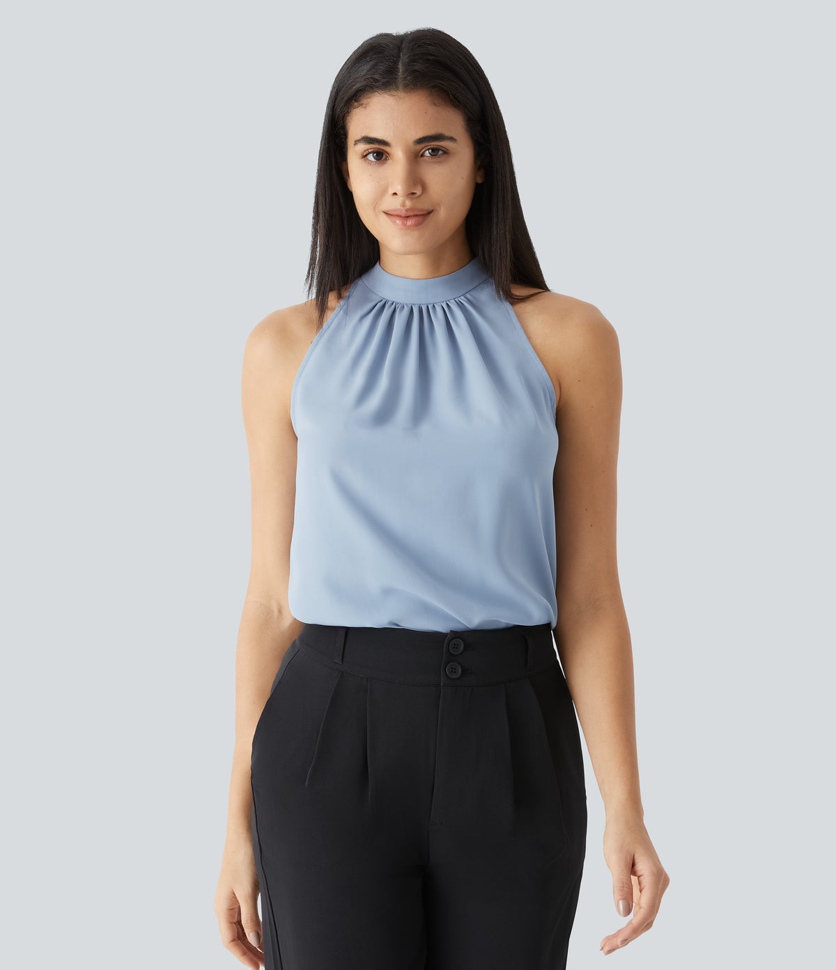 Keyhole Back Halter Sleeveless Curved Hem Work Blouse — Skyride — view 4
