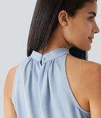 Keyhole Back Halter Sleeveless Curved Hem Work Blouse — Skyride — view 5