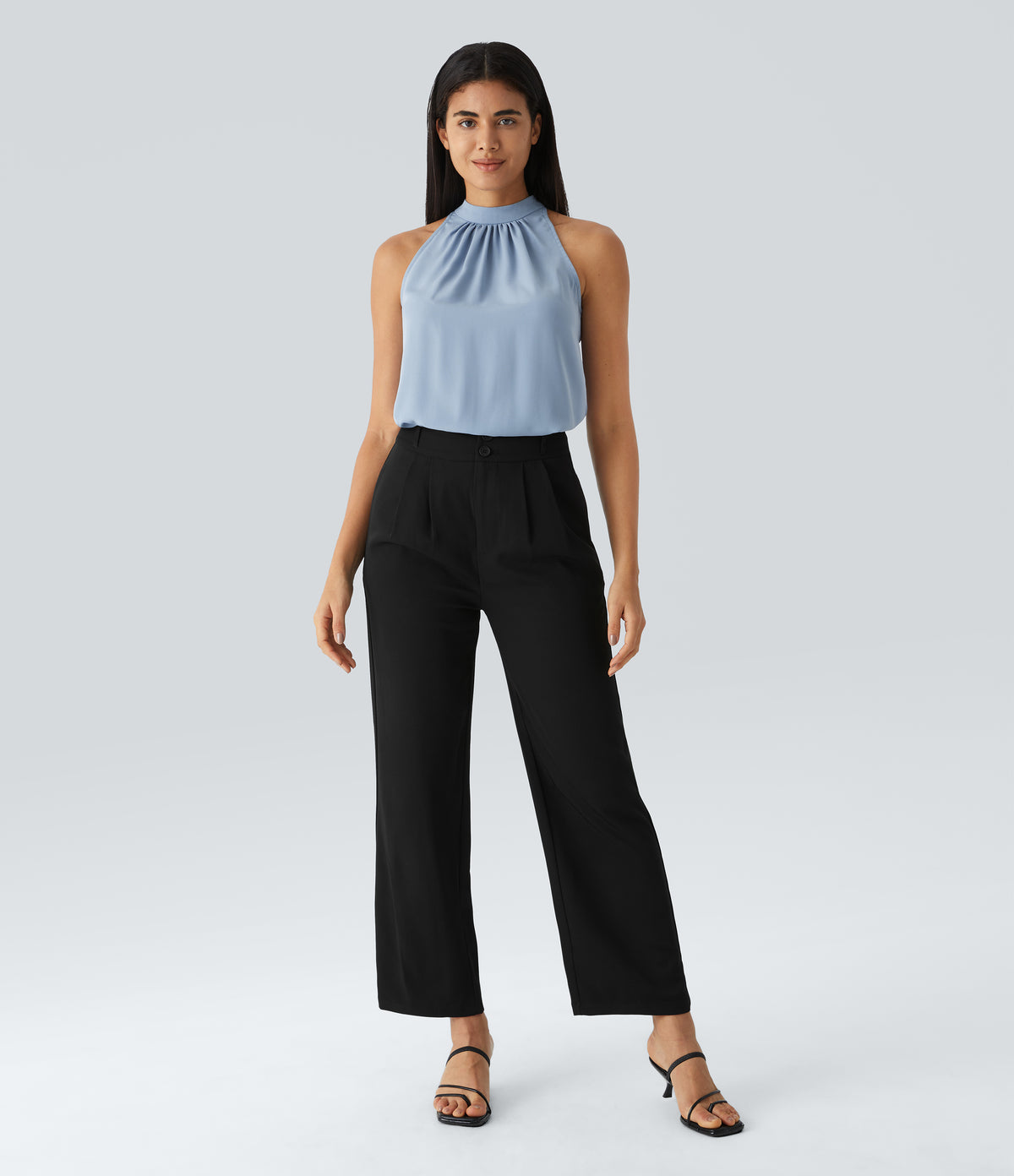 Keyhole Back Halter Sleeveless Curved Hem Work Blouse — Skyride — view 6