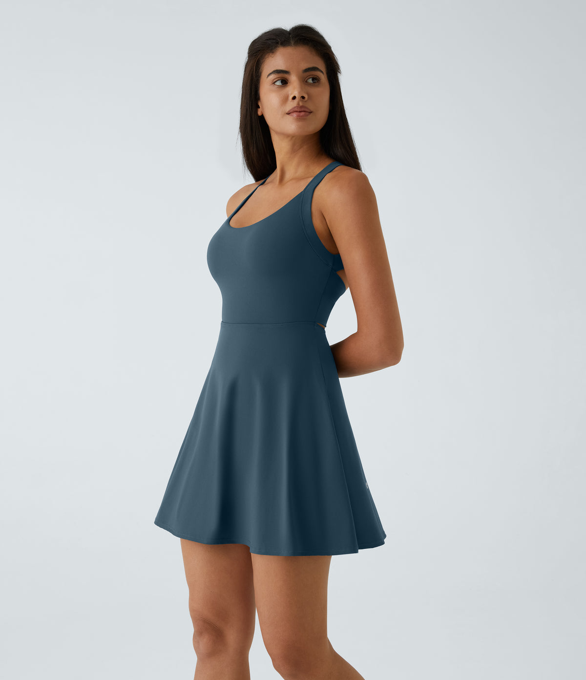 Airy Backless Twisted Flare Low Support Dance Active Dress-Longer Length-Edition A-D Cups — Majolica Blue — view 2