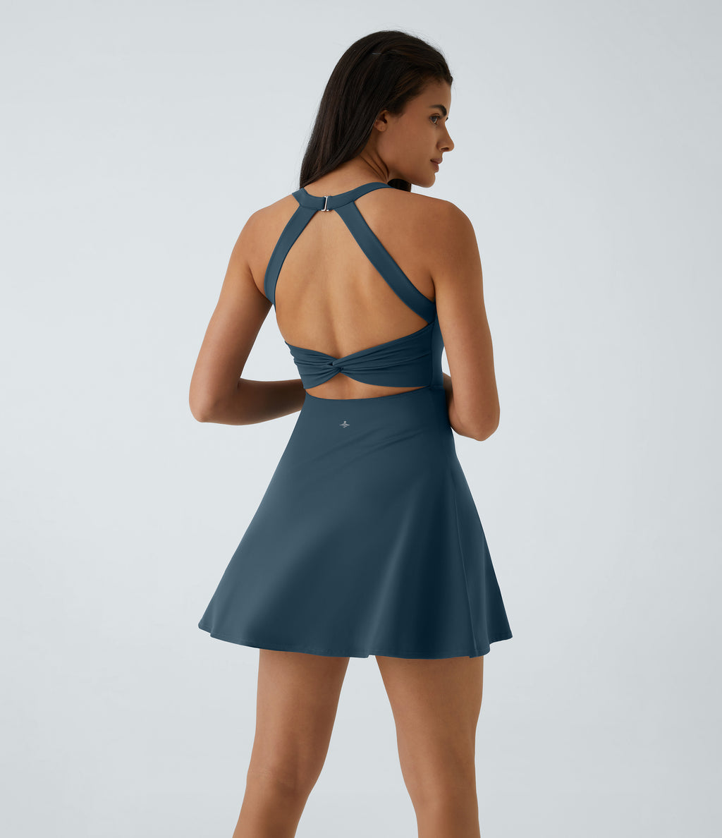 Airy Backless Twisted Flare Low Support Dance Active Dress-Longer Length-Edition A-D Cups — Majolica Blue — view 3