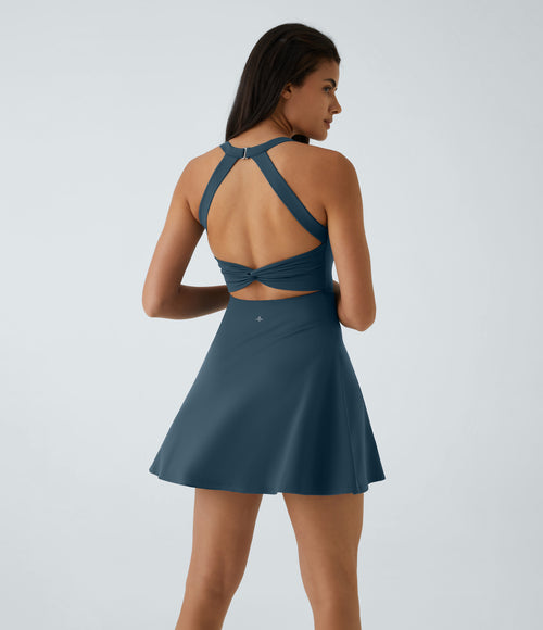 Airy Backless Twisted Flare Low Support Dance Active Dress-Longer Length-Edition A-D Cups — Majolica Blue — view 3