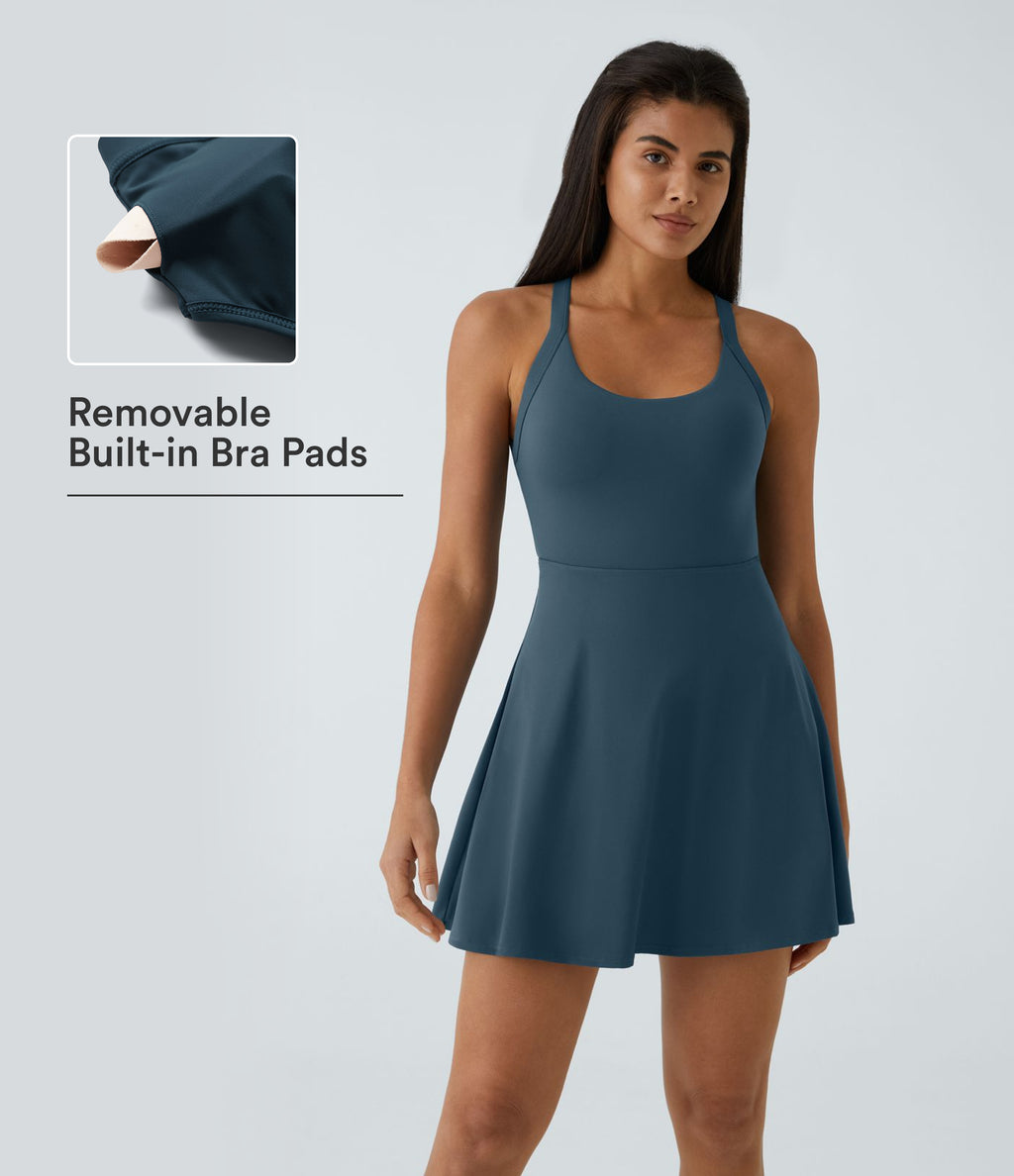 Airy Backless Twisted Flare Low Support Dance Active Dress-Longer Length-Edition A-D Cups — Majolica Blue — view 7