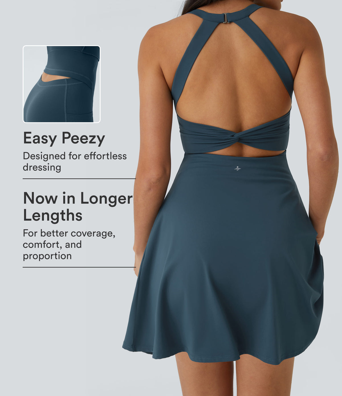 Airy Backless Twisted Flare Low Support Dance Active Dress-Longer Length-Edition A-D Cups — Majolica Blue — view 1