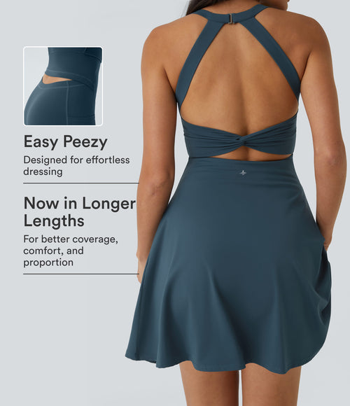Airy Backless Twisted Flare Low Support Dance Active Dress-Longer Length-Edition A-D Cups — Majolica Blue — view 1