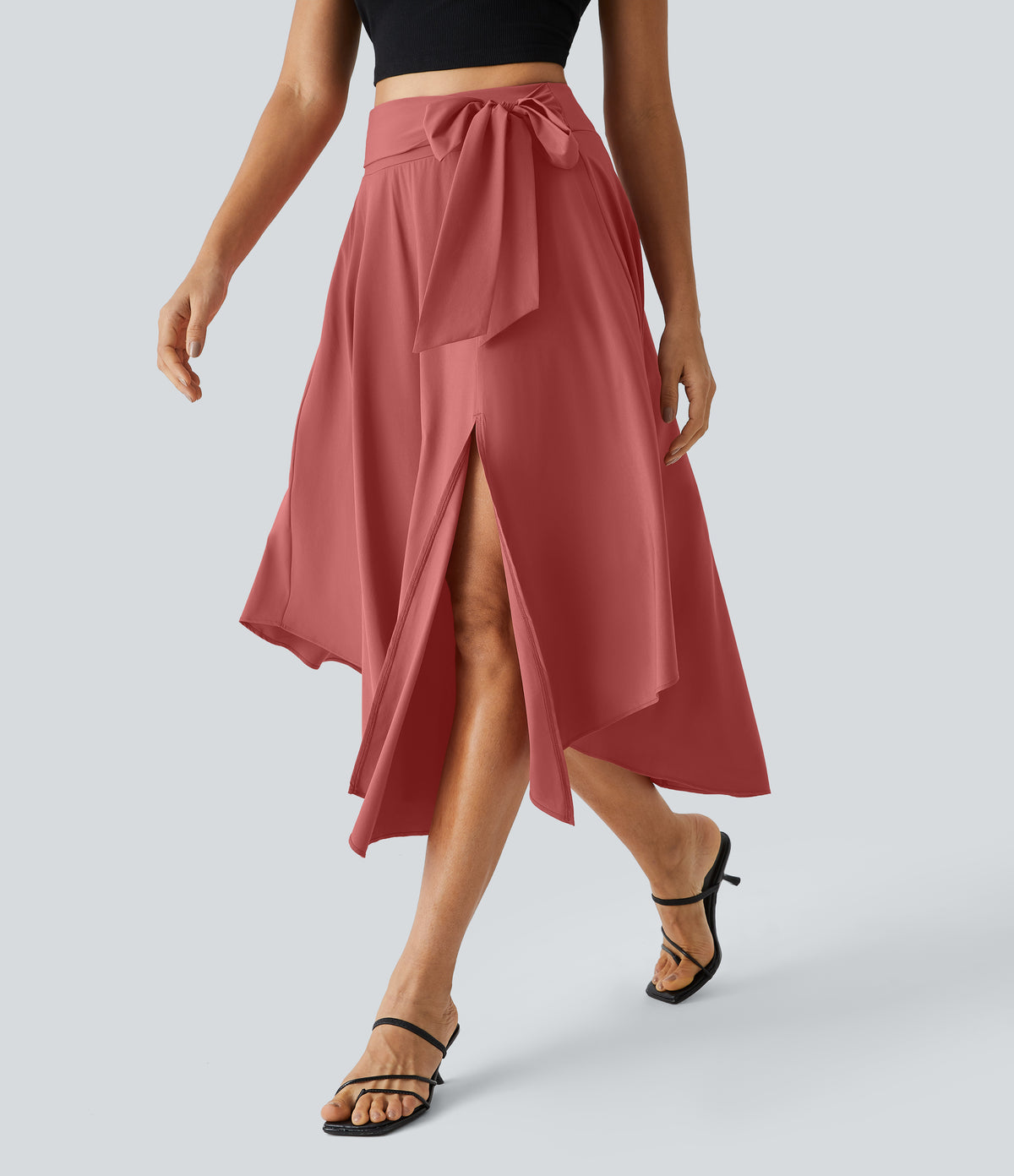 High Waisted Tie Side Split 2-in-1 Curved Hem Flowy Quick Dry Midi Casual Skirt — Kapok Red — view 3