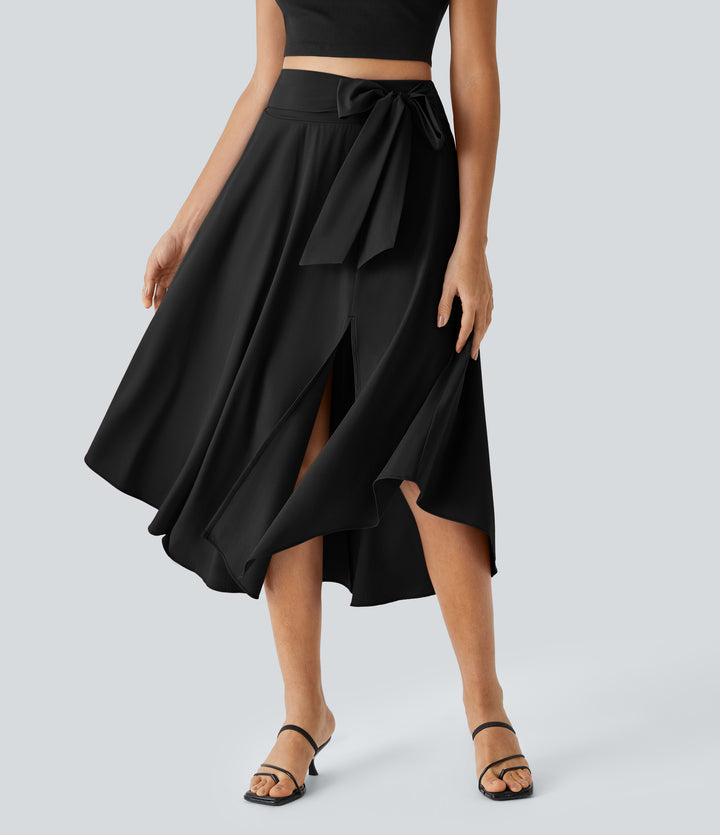 High Waisted Tie Side Split 2-in-1 Curved Hem Flowy Quick Dry Midi Casual Skirt — Black — view 8