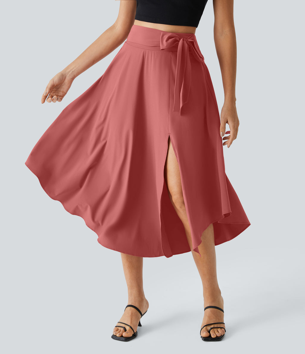 High Waisted Tie Side Split 2-in-1 Curved Hem Flowy Quick Dry Midi Casual Skirt — Kapok Red — view 5