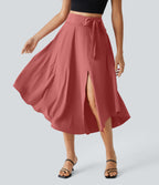 High Waisted Tie Side Split 2-in-1 Curved Hem Flowy Quick Dry Midi Casual Skirt — Kapok Red — view 5