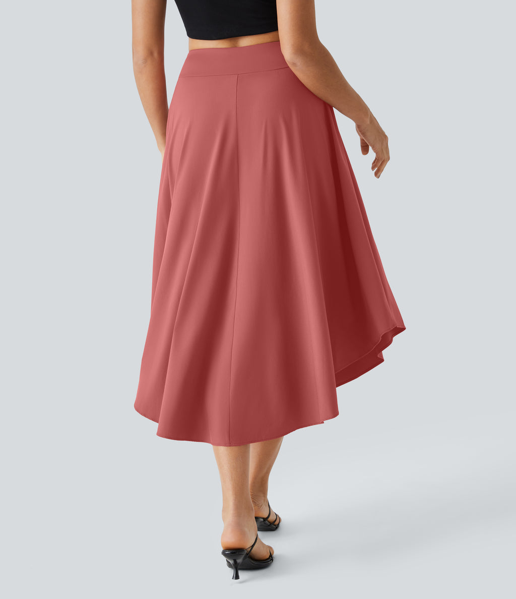 High Waisted Tie Side Split 2-in-1 Curved Hem Flowy Quick Dry Midi Casual Skirt — Kapok Red — view 2