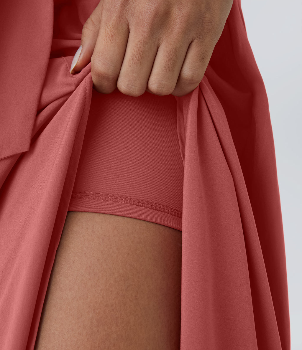 High Waisted Tie Side Split 2-in-1 Curved Hem Flowy Quick Dry Midi Casual Skirt — Kapok Red — view 6