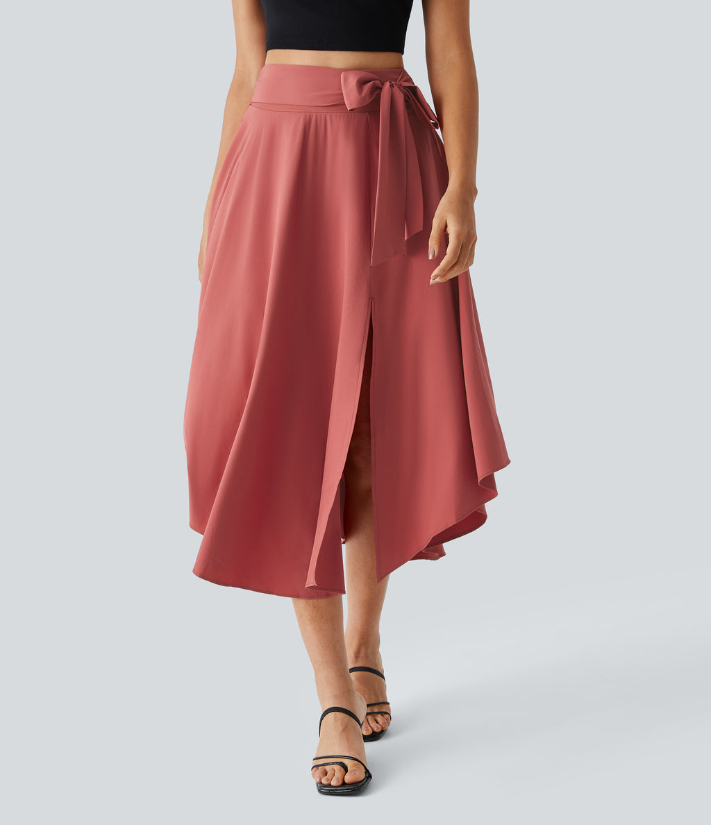 High Waisted Tie Side Split 2-in-1 Curved Hem Flowy Quick Dry Midi Casual Skirt — Kapok Red — view 4