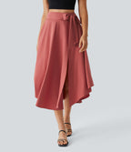 High Waisted Tie Side Split 2-in-1 Curved Hem Flowy Quick Dry Midi Casual Skirt — Kapok Red — view 4