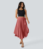 High Waisted Tie Side Split 2-in-1 Curved Hem Flowy Quick Dry Midi Casual Skirt — Kapok Red — view 7