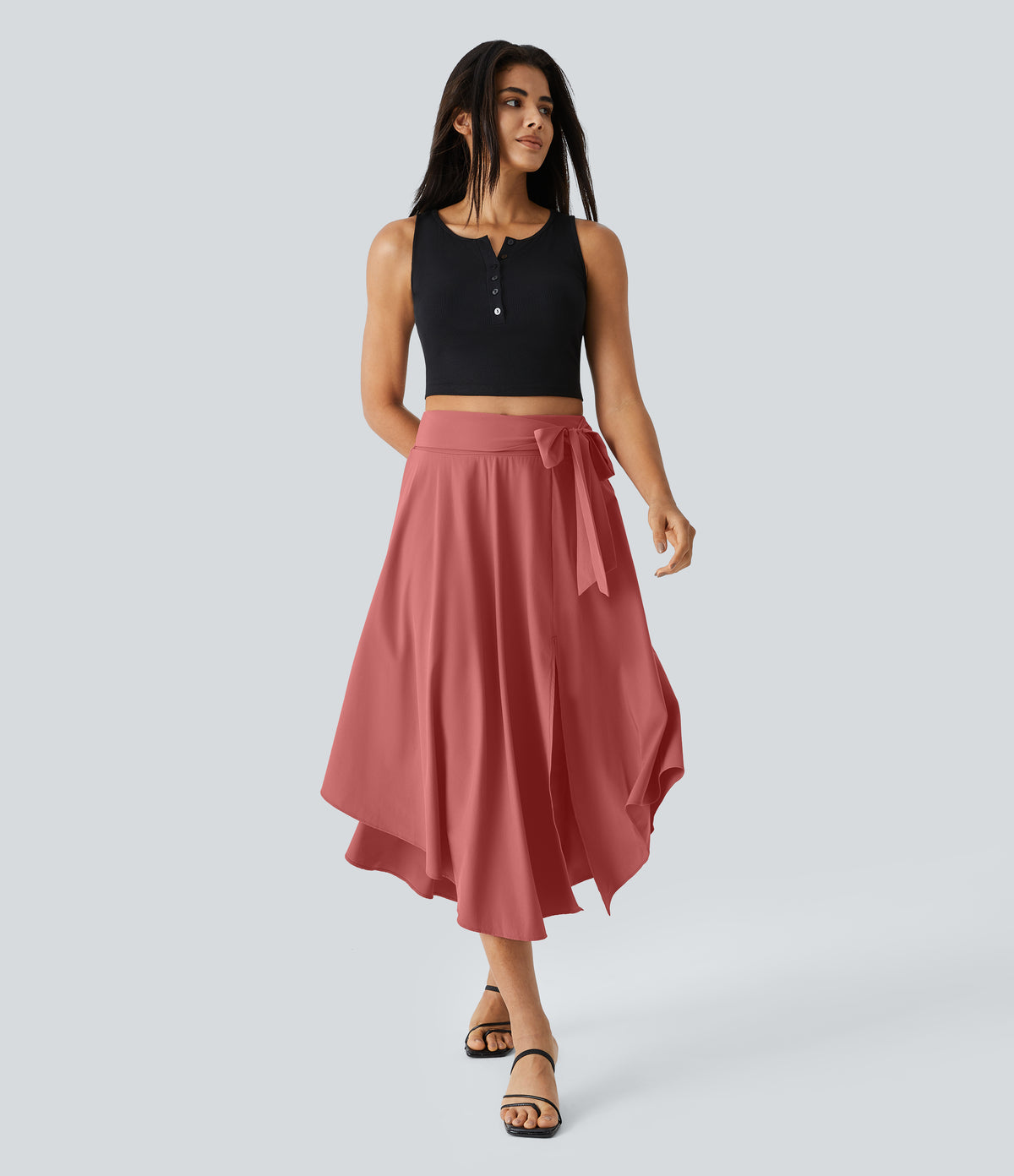 High Waisted Tie Side Split 2-in-1 Curved Hem Flowy Quick Dry Midi Casual Skirt — Kapok Red — view 7