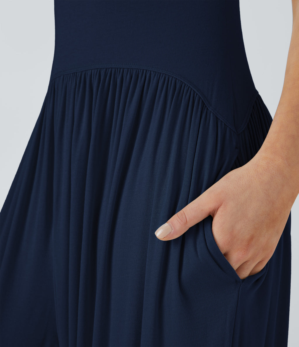 Ribbed Tube Backless Side Pocket Casual Jumpsuit — Nightfall Blue — view 7